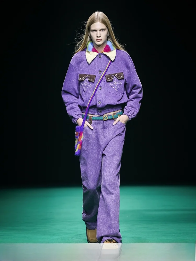 

DNT Retro Sle Faux Lamb Fur Collar Color Diamond Embellied Denim Jaet ort Outerwear Women's Commute Sle Cotton Coat