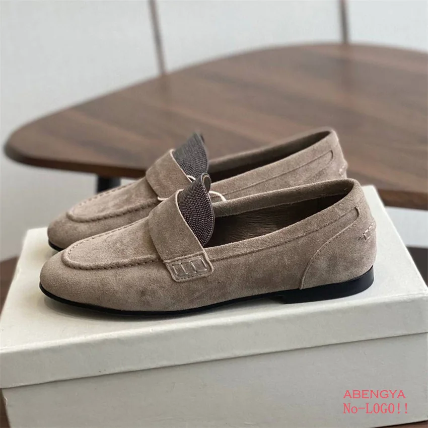 

2025 Kid Suede Khaki Flat Loafers Shoes Woman Slip On Formal Walking dress Shoes Designer Party Vacation Shoes For Women