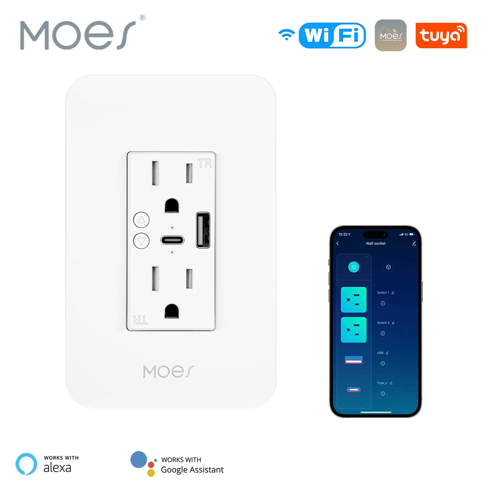 

WiFi Smart Power Wall Socket with Type C And USB Dual Outlet Plug Power Outlets Support Alexa Google Home