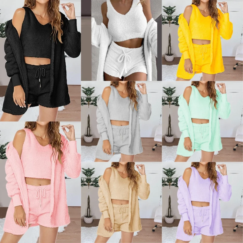 3PCS/Set Thickened Warm Women Pajamas Solid Home Wear Long-Sleeved Long Plush Camisole Jacket Vest Sports Suit Soft Sleepwear