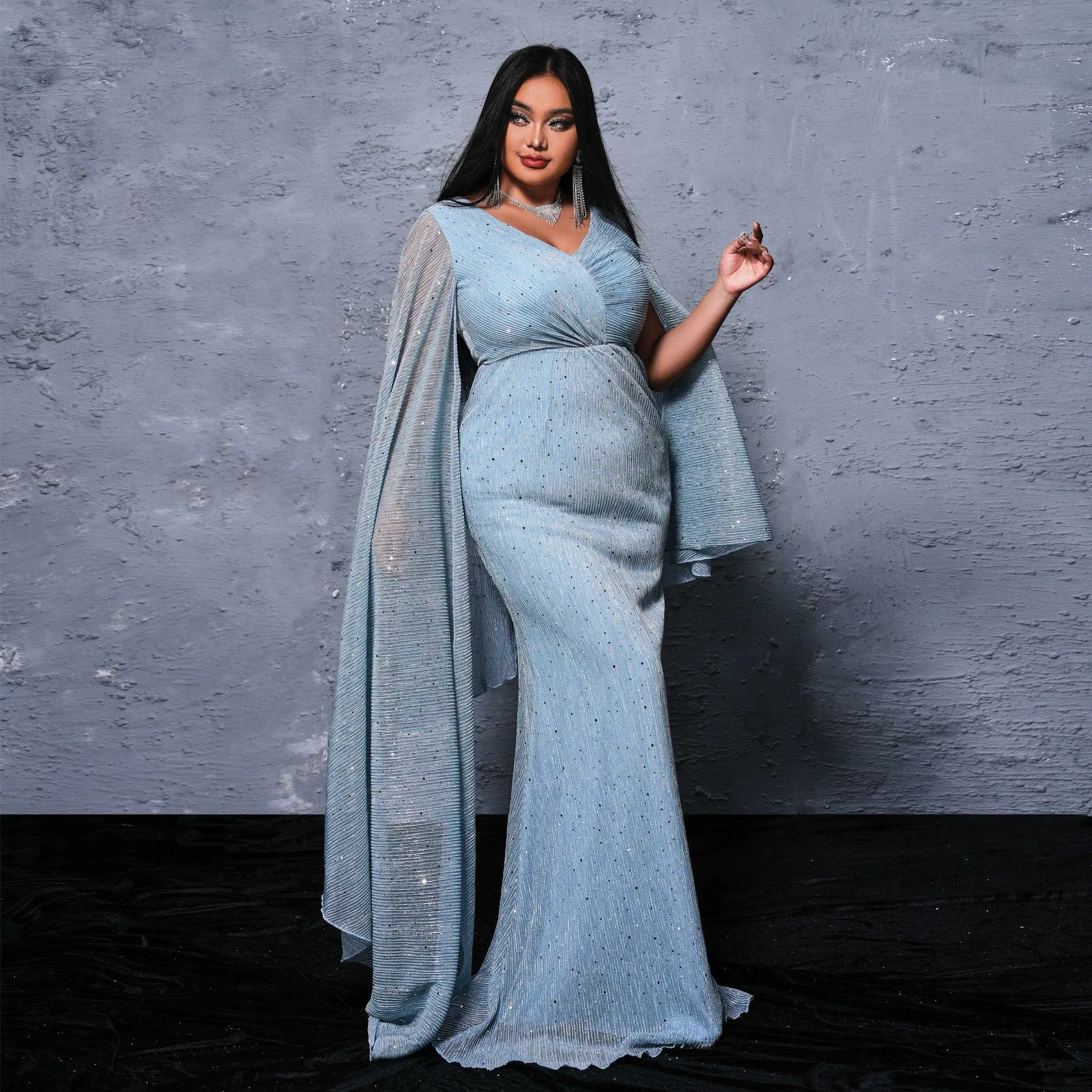 plus Size Long Sve V-Ne Evening Dr Sparkling Sequin Maxi Dr Women's Commute Sle Bodycon Skirt Chinese Production