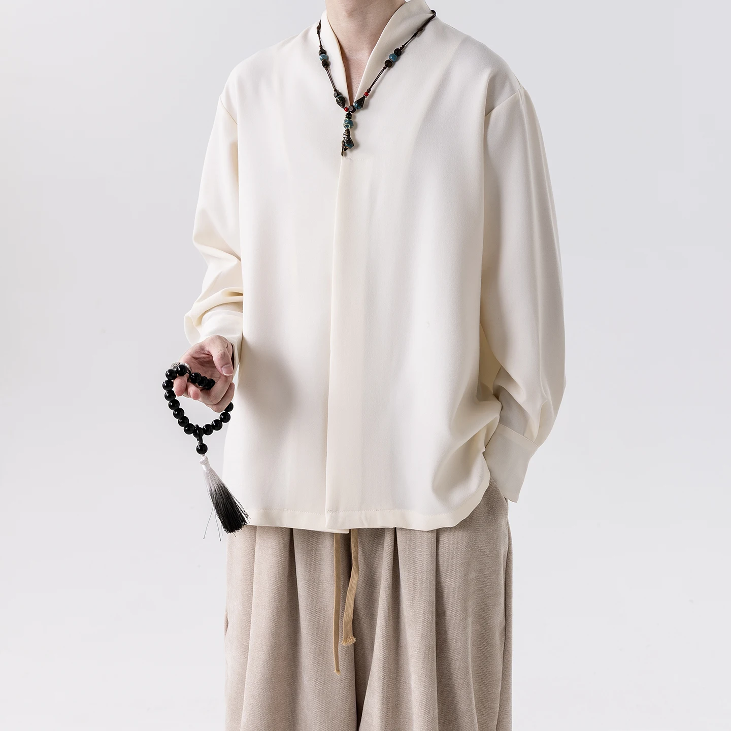 メンズ長袖アイスシルクシャツ-新中国風茶禅服-大きいサイズシャツジャケット-秋冬カジュアルエスニックウェア