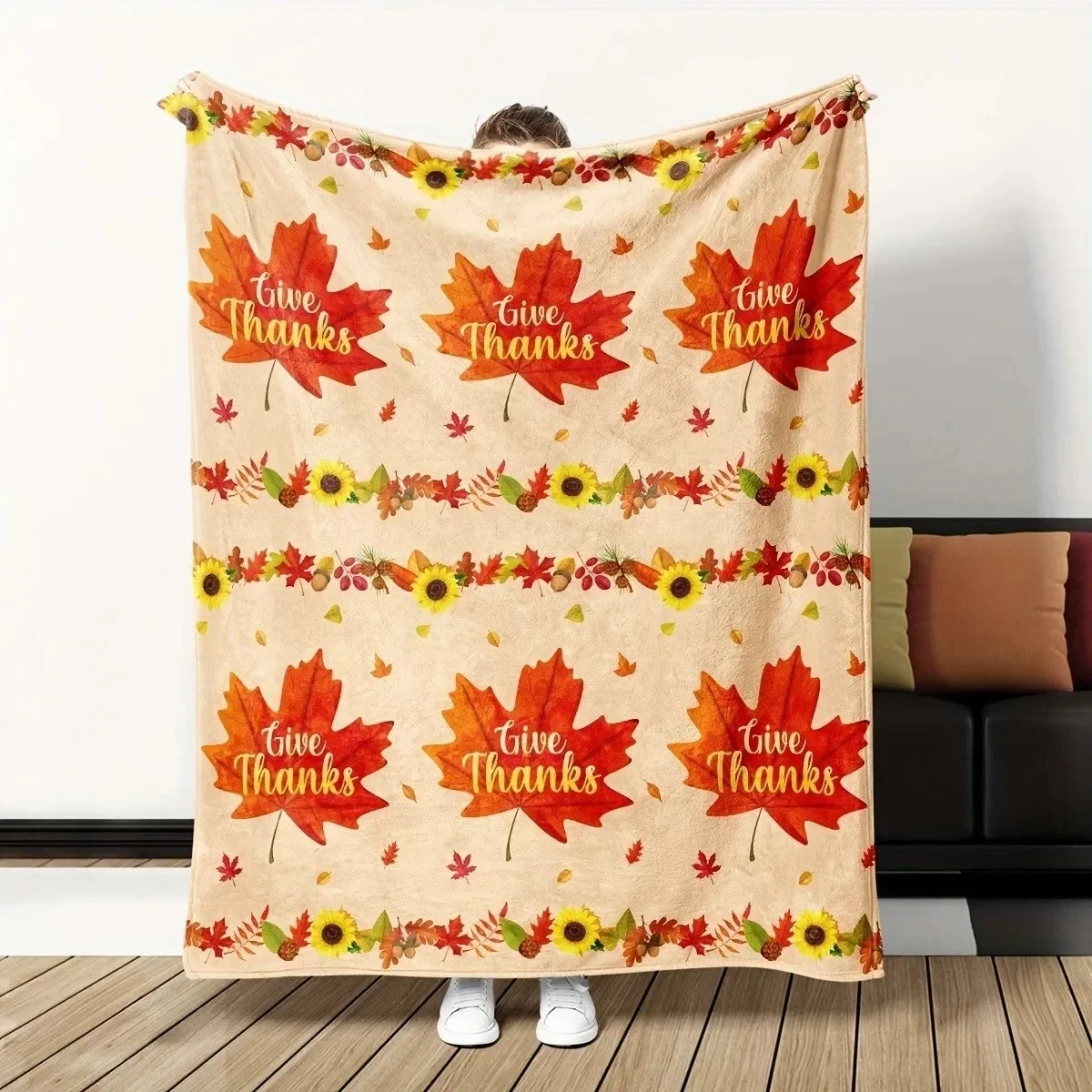 Maple Leaf Sunflower Blanket Home Accent Living Room Bedding Decor Gratitude Vibe Gift for Autumn Thanksgiving Holiday Lovers