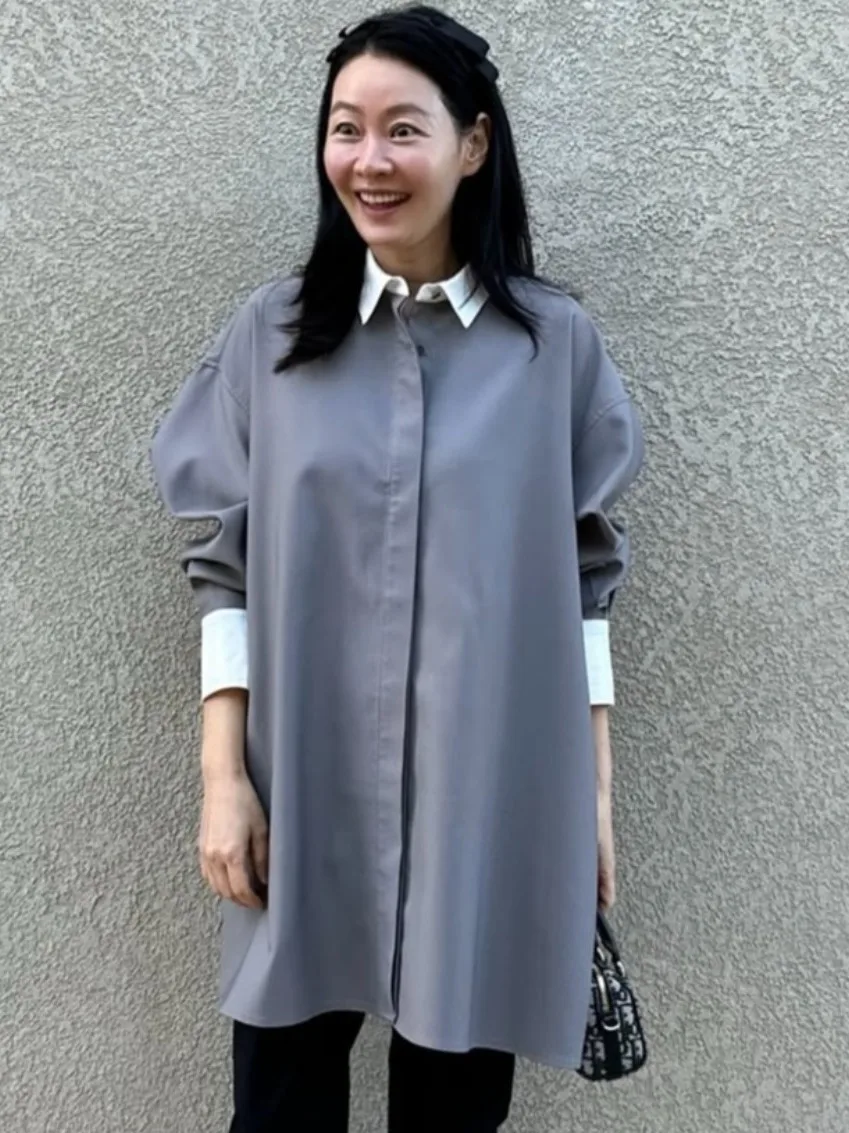 قميص نسائي أنيق للربيع بألوان متباينة وأكمام طويلة وتصميم فضفاض، ياقة عالية متعددة الاستخدامات، قميص طويل متوسط الطول للنساء #4