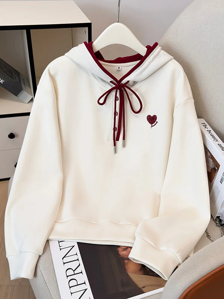 

Sweet Sle Hooded Sweatirt Women's Spring New Design Embroidery Loose Ladies Top Love Heart Dstring Korean Version