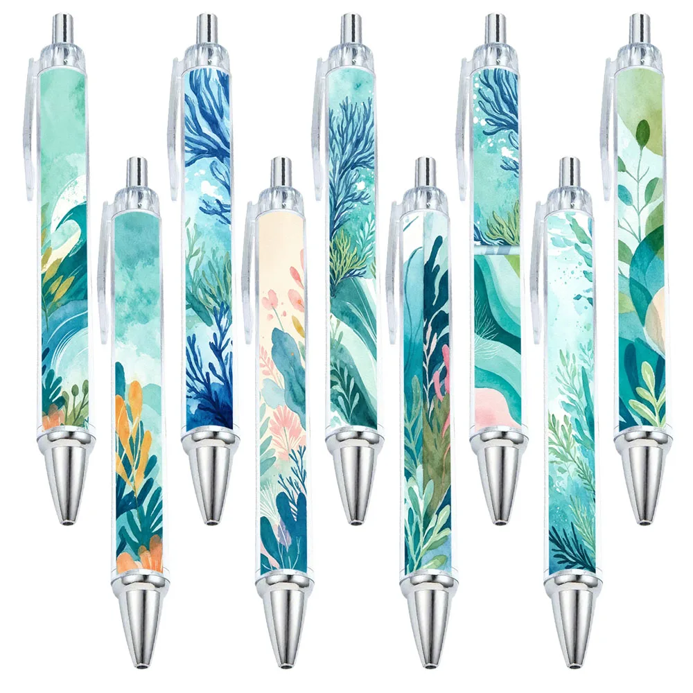conjunto-de-9-12-canetas-redondas-com-padroes-de-plantas-marinhas-em-aquarela-azul-e-verde-materiais-de-aprendizagem-e-escritorio-padroes-aleatorios