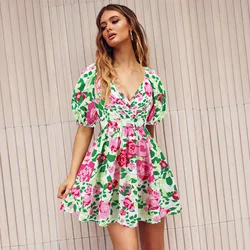 Women's Short Lantern Sleeve Hollow Casual Dress Deep V Neck Printed Holiday Beach Party Dress 2024 Summer Lady Mini Dress