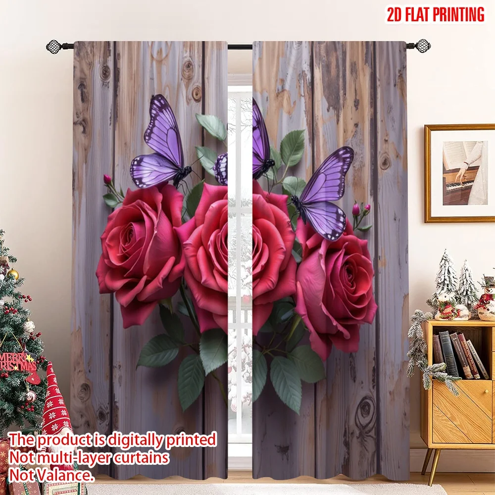 

2pcs 2D flat printing Party Window Curtains Purple Butterflies Red Roses Digital Printed Polyester Drapes Family Party Use for