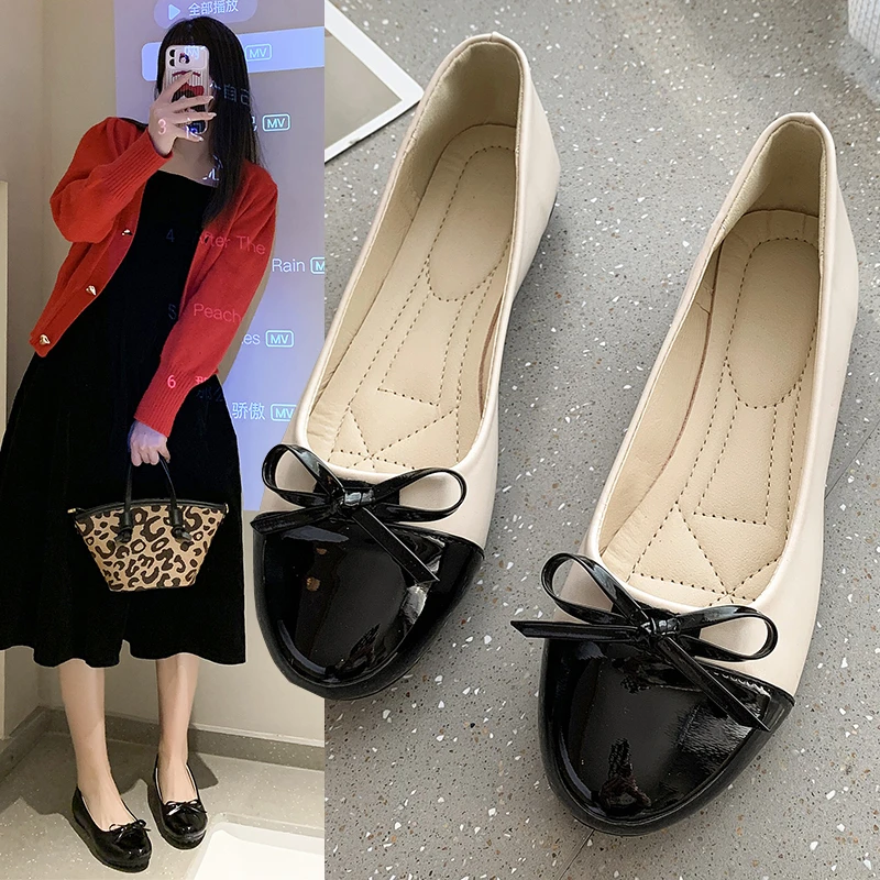 Black & Beige Two Tone Bow Ballet Flats, Patent Leather Round Toe Slip-On Shoes, Elegant Flat Shoes for Women