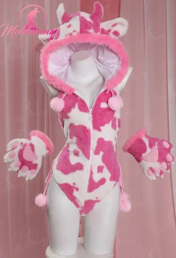 CosplayMobbunny Lencería navideña para mujer, mono de felpa con estampado de vaca, disfraz de Cosplay de pata, mameluco con capucha con guantes de pata y muslo S