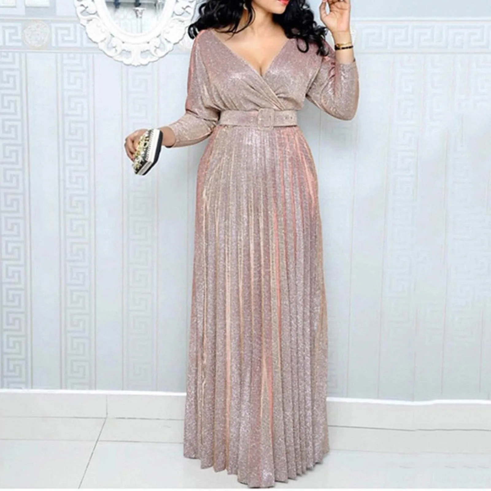 Elegant Party Dresses For Women Low Cut Sequined Gown Dress With Belt Nine Point Sleeve Ruffle Hem Flowy Long Dress Plus Size