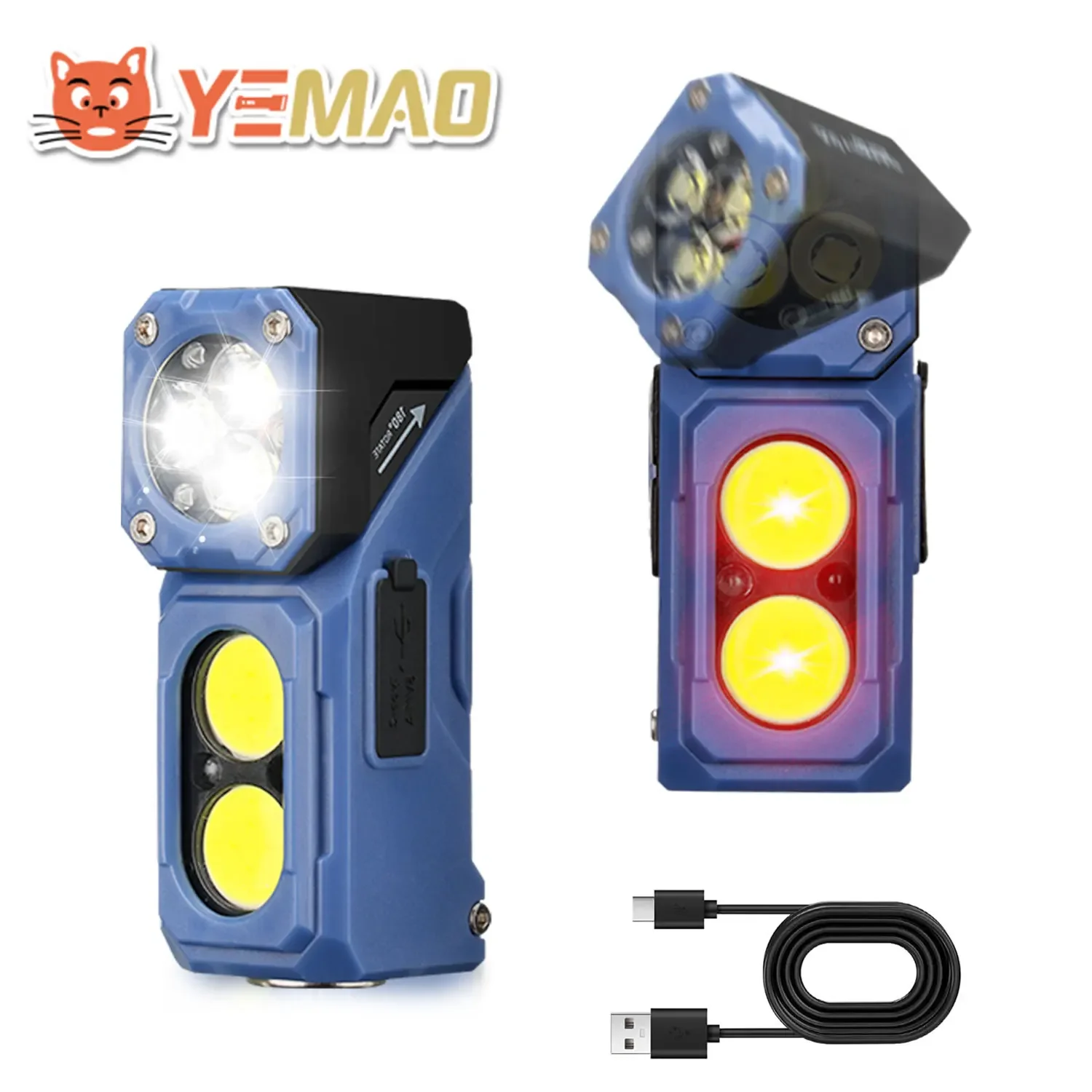 YEMAO T615 Multi-Pose Flashlight 500LM, 180° Rotate Headlamp/Cap Clip/Bike Light, USB-C & Magnetic for MOLLE/Hiking
