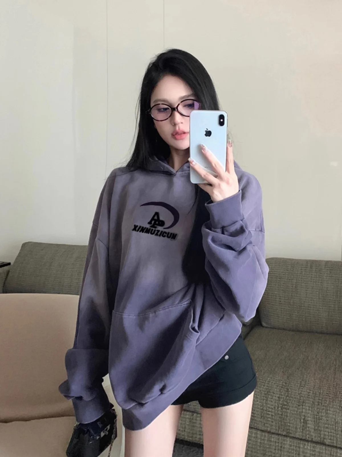 Grey Womens Clothing Vintage Street Sweatshirt Hooded Harajuku Y2K Letter Pullover Long Sleeves Warm Oversize Baggy Ladies Tops