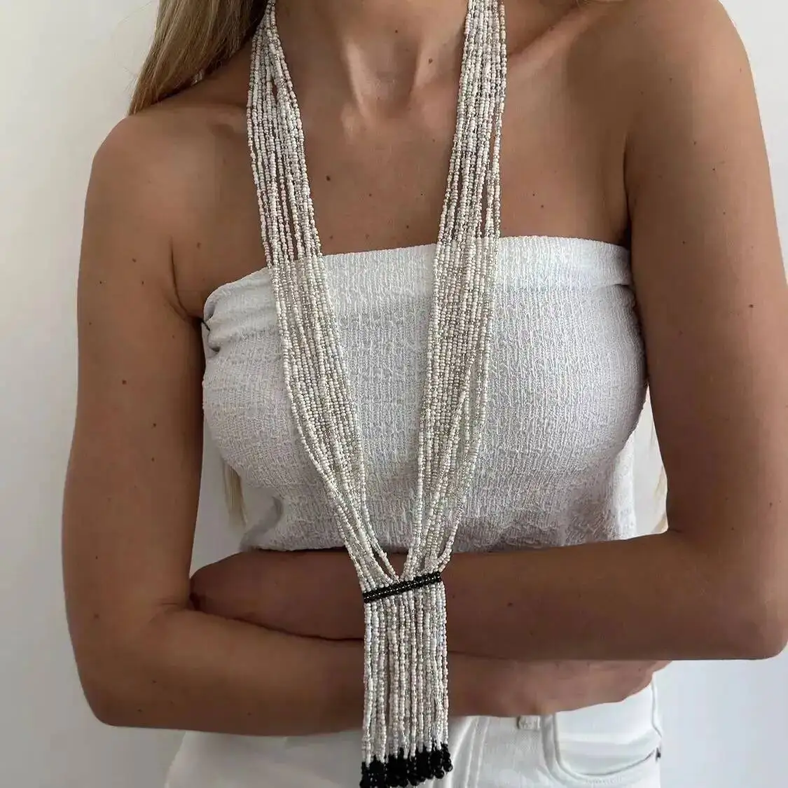 

New Boho Multilayer Rice Beaded Necklace Women Exquisite Charm Long Crystal Chain Necklace Tassel Sweater Chain Jewelry