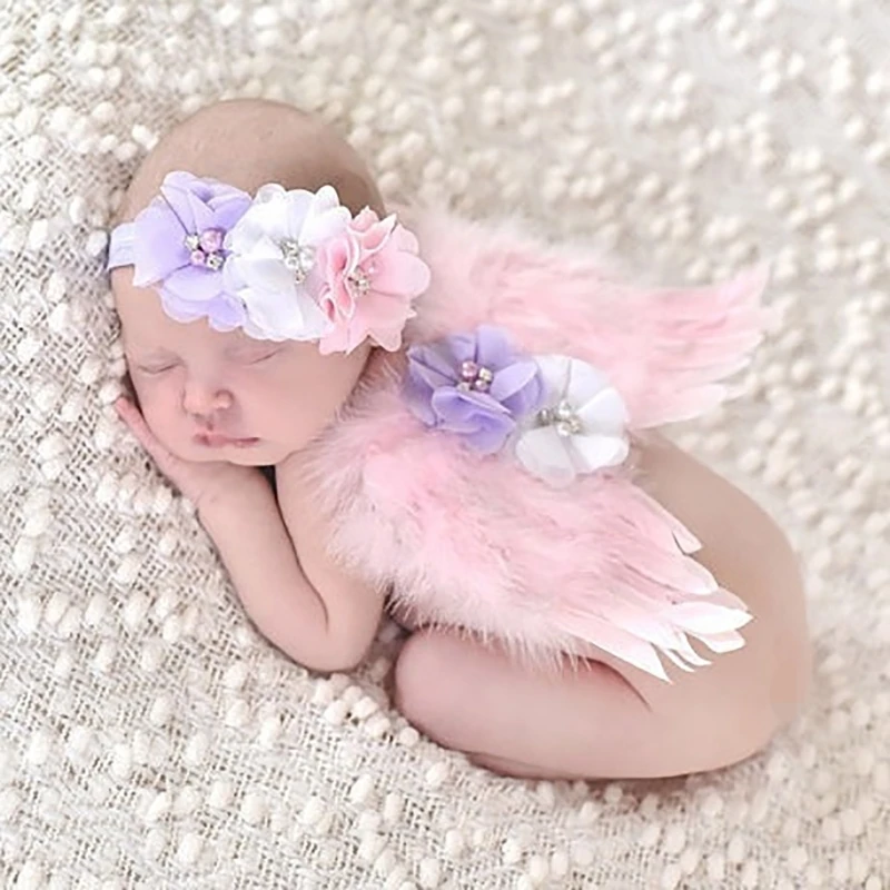 

Handmade Flower Headband Angel Feather Wing Baby Photoshoots Props Infants Photo Headwear for Cosplay and Photography QX2D