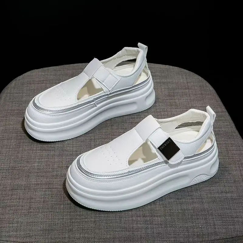 

Women's Summer New Thick Sole Casual Sports Sandals Round Toe Hollow Breathable Little White Shoes Velcro Height Increasing Shoe