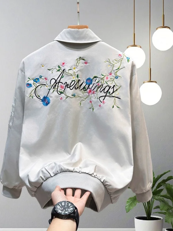 

Spring Autumn American Floral Embroidery Flight Jaet Thin Baseball Sle Collar Couple Outerwear Trendy Men's Loose Fit Jaet