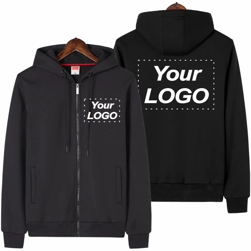 Casaco de inverno masculino com capuz e forro de veludo, fecho de correr, logótipo da empresa bordado e estampado, grosso e quente, tamanhos S a 5XL.