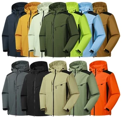 Men Jacket Custom Logo Autumn Patchwork Hooded Waterproof Windbreak Outdoor Hiking Softshell Jacket