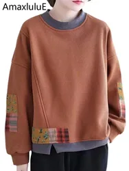 Amax LuluE Winter Fashion Clothes Women Classic Loose Fur Warm Hoodies Ladies Casual Printed Patchwork O Neck Cotton Sweatshirts