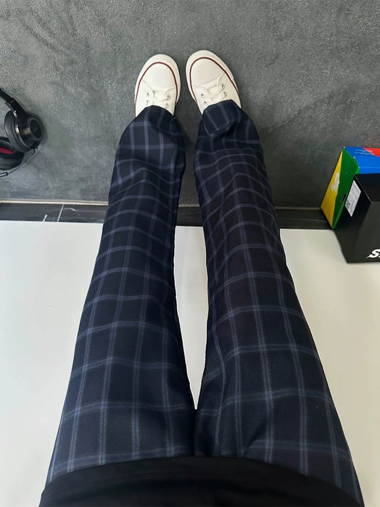 American Sle Lazy Men's Knife Pants Spring Autumn Retro Plaid Cleanfit Straight Leg Micro Flare Pants Casual Trousers