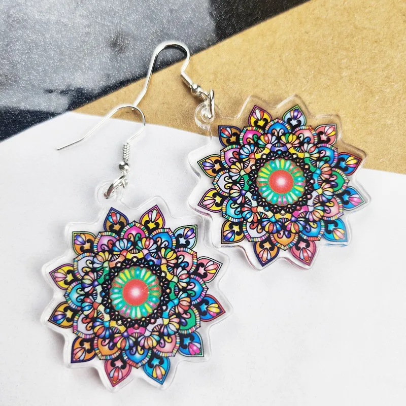 New Mandala Flower Acrylic Earrings Personalized Creative Inspiration Flower Jewelry Cute Flower Gift for Girls