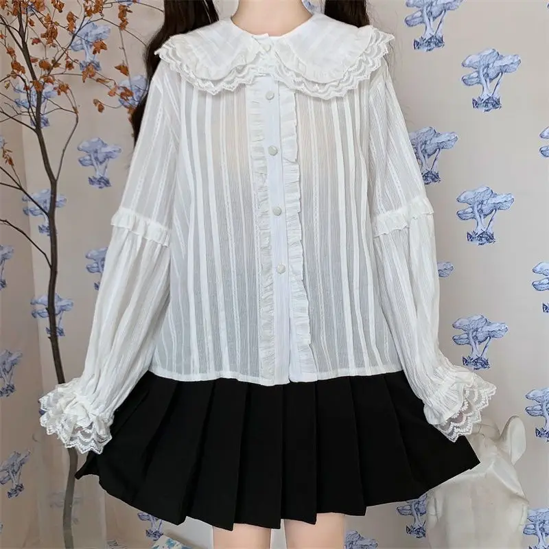 Autumn Kawaii Lace Patchwork Lolita Blouse Women Japanese Soft Sweet Cute Shirt Preppy Style Chic Fairy Jk Shirt Long Sleeve Top