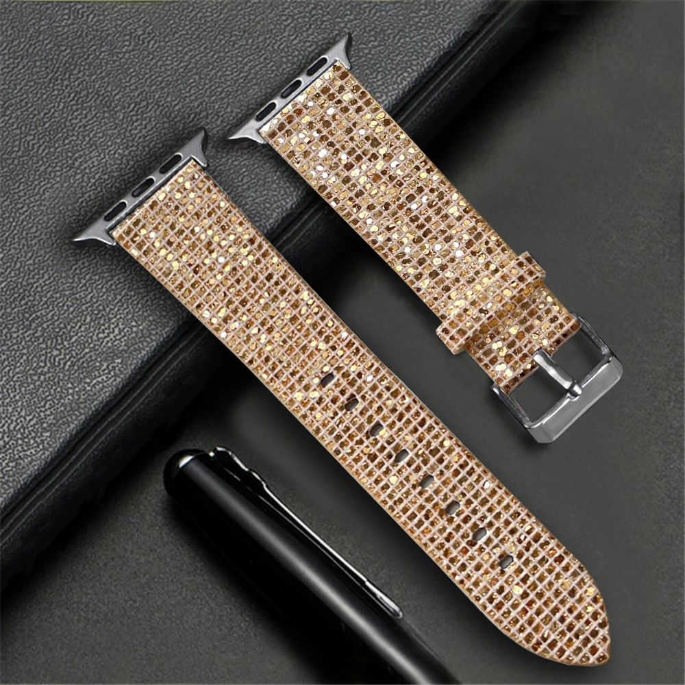 Luxury Glitter Strap for Apple watch band Ultra 49mm 45mm 41mm 40/44mm 42mm 38mm Bling Leather Woman Bracelet iWatch 9 8 7 6 5 4