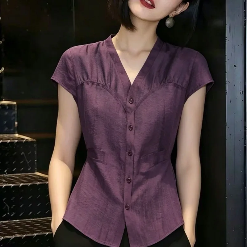 Women Purple V Neck Gathered Waist Cap Sleeve Slim Commuter Blouse