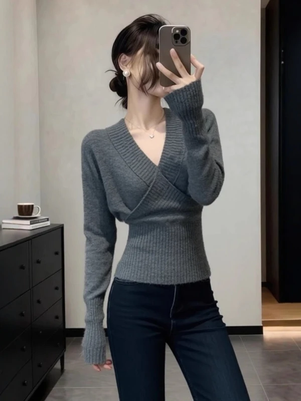 

Женский вязаный свитер Ele ey с V-образным вырезом, приталенный, с длинным рукавом, базовый слой, осенне-зимний, премиум-класса