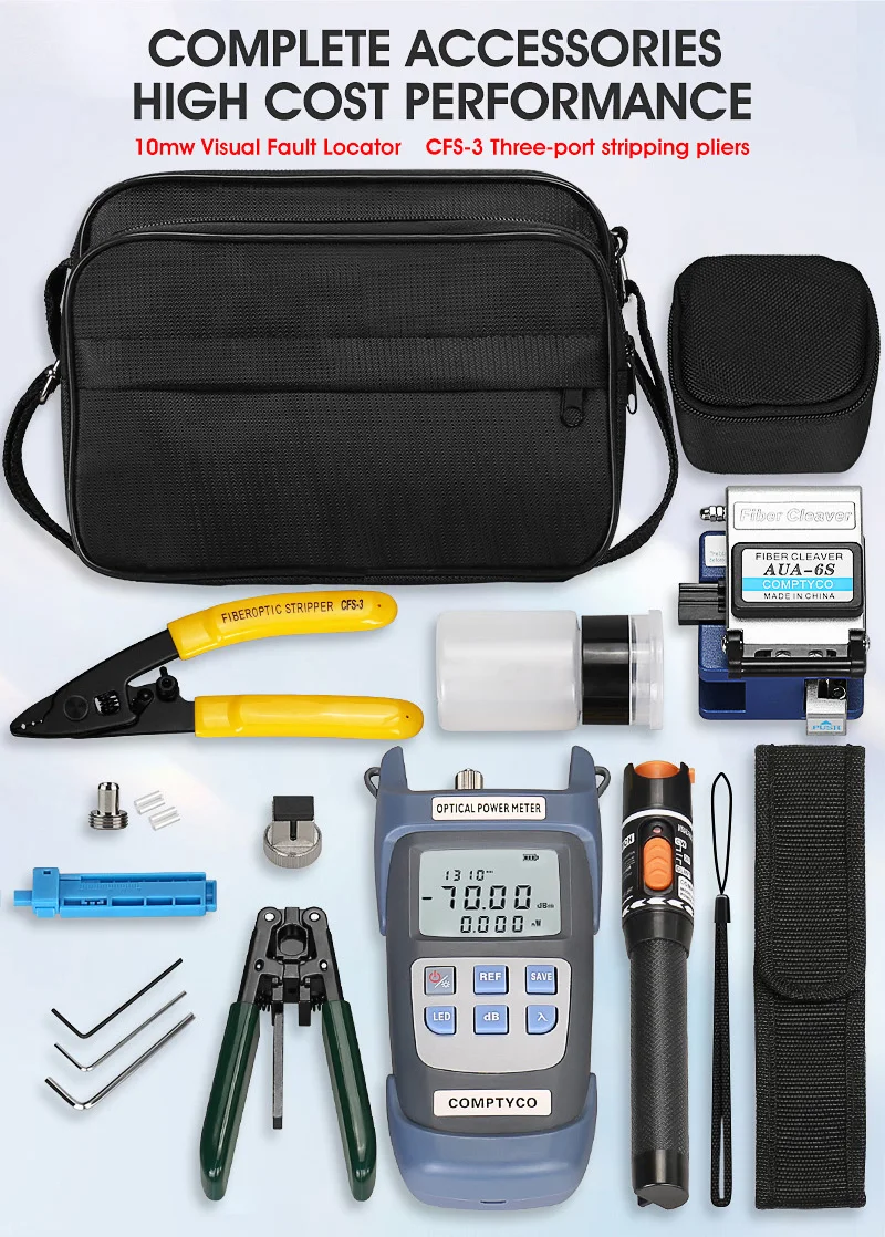 19pcs/set FTTH Fiber Optic Tool Kit with AUA-6S Fiber Cleaver -70~+10dBm/-50+26dBm Optical Power Meter 10mw Visual Fault Locator