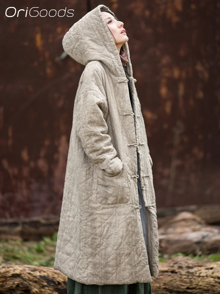 

OriGoods Hooded Parka Jacket Woman Cotton Padded Winter Coat Long Warm Vintage Oversized Chinese Winter Clothes Outerwear B356