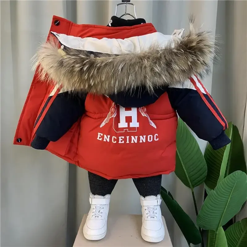 Winter Boys Warmth Fleece Lined Drawstring Detachable Fur Hood Snow Jackets Child Therme Parka Kids Outfit Top Coats 1-11 Years