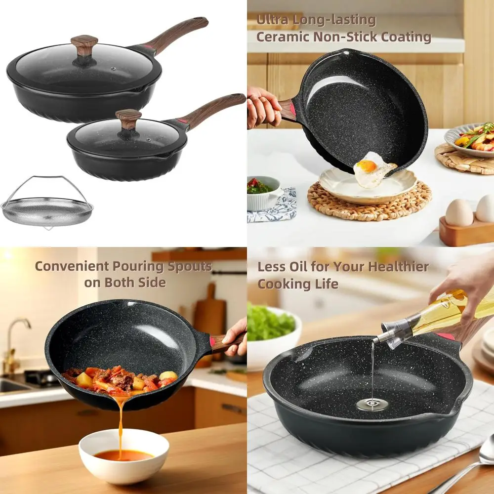 

Набор керамических сковородок с антипригарным покрытием, 10 и 12 дюймов с крышкой, сковорода для глубоких и блюдцев, без PFAS PFOA PTFE, визуальный индикатор нагрева, исцеление