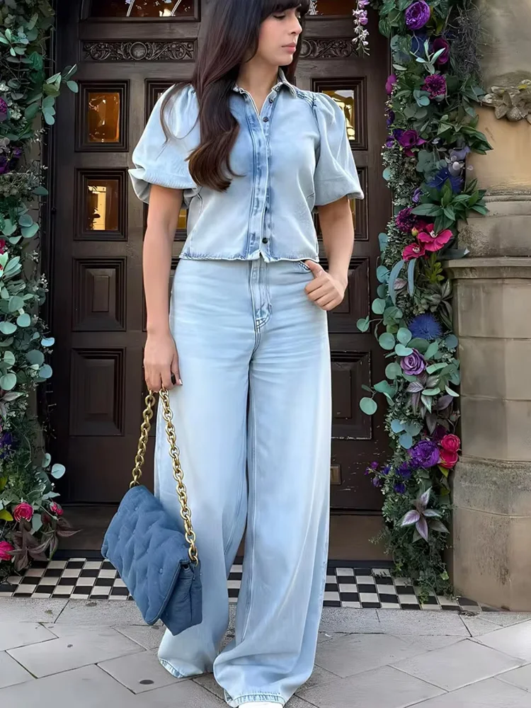 HH-pantalones vaqueros lisos para mujer, traje holgado con solapa, camisa de un solo pecho + pantalón informal de pierna ancha con bolsillo lateral de cintura alta y cremallera