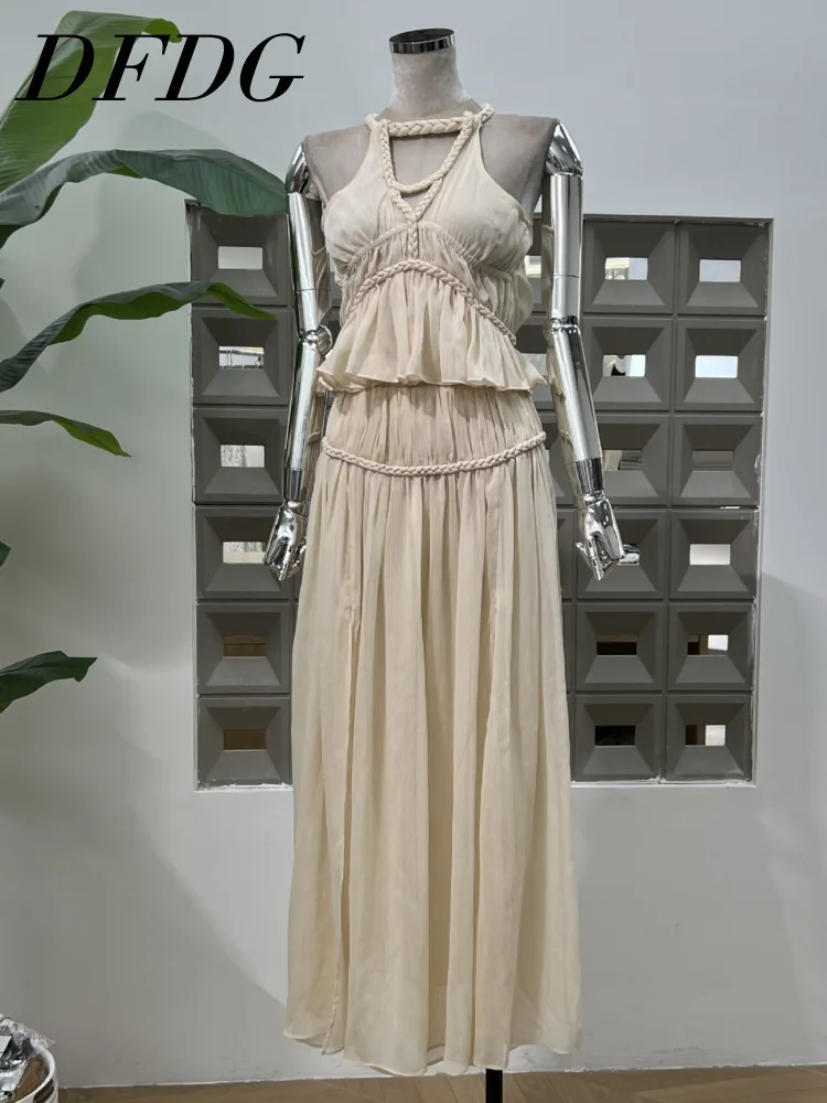 

DFDG Women’s 2025 Summer Minimalist Resort Chiffon Two Piece Set Hand Braided Smocked Tank Top And High Slit Midi Skirt Set