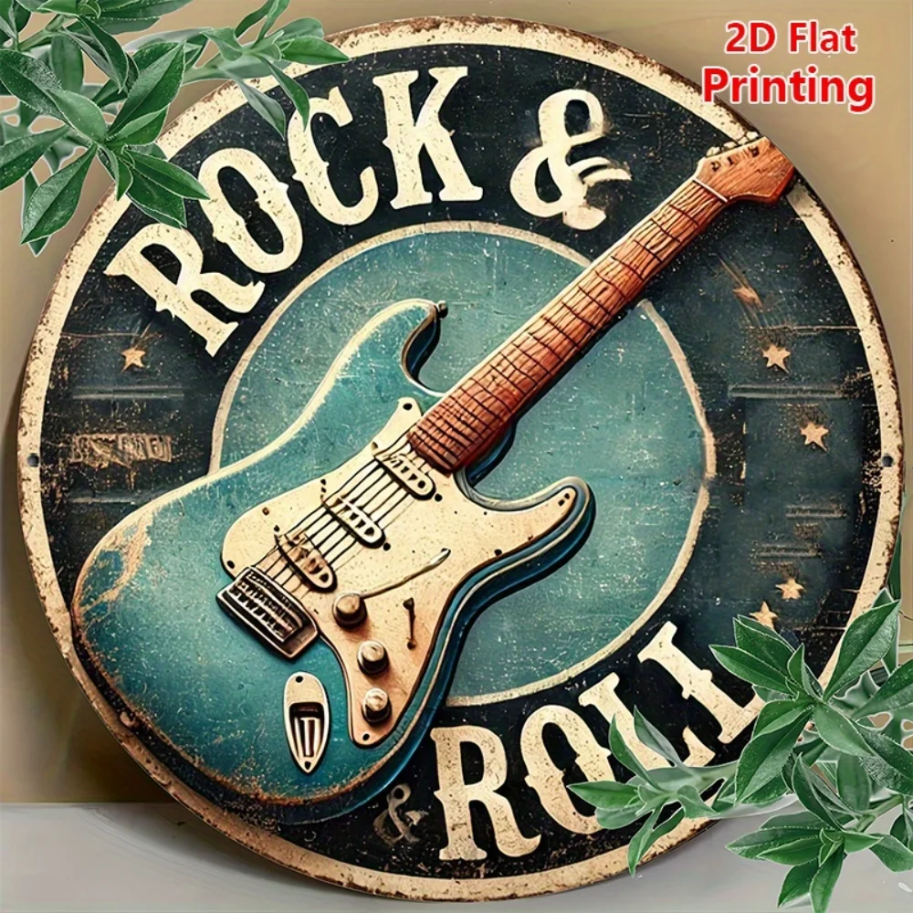 Vintage Rock & Roll Guitar Round Aluminum Wall Art, 8 Inch Eye-Catching Metal Plaque for Home Office Bar Cafe Wall Decoration