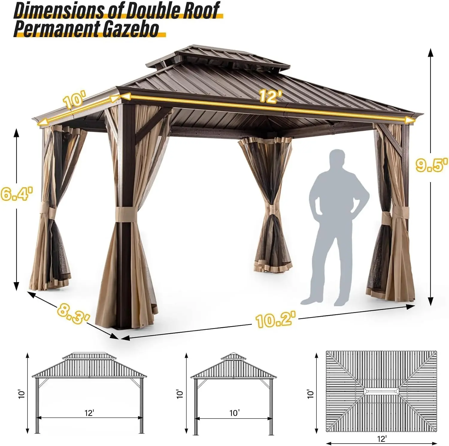 10'x12' Hardtop Gazebo Double Galvanized Steel Roof, Permanent Aluminum Frame Outdoor Pavilion with Netting & Curtain, Custom
