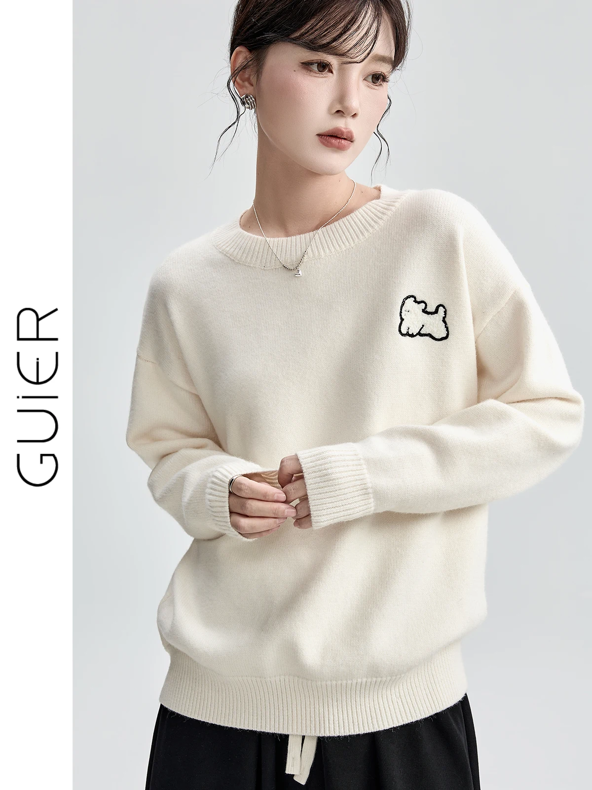 

Свободный вязаный свитер с вышивкой Guier Dog, женский осенне-зимний топ Faion Agel round Ne Warmth Releasing Long Sve Top