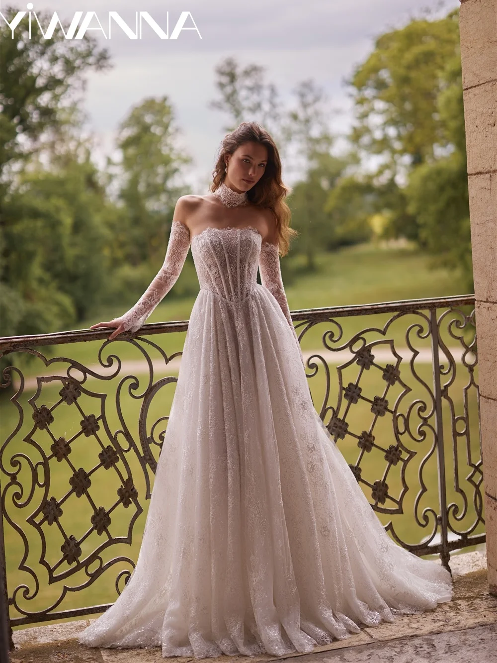 Detachable Sleeve Shinny Beaded Wedding Dress Glamorous Lace Strapless Bridal Gown Customized A-line Long Dresses For Bride