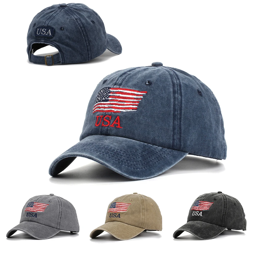 

4 Colors Distressed American Flag Star Ball Cap Denim Baseball Cap Women Embroidery Letter Jeans Snapback Hat USA Hip Hop Cap