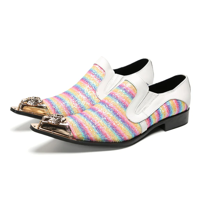 fashion sequin stripe real leather men genuine leather shoes big size male pointed toe business brogue shoes party dress shoes