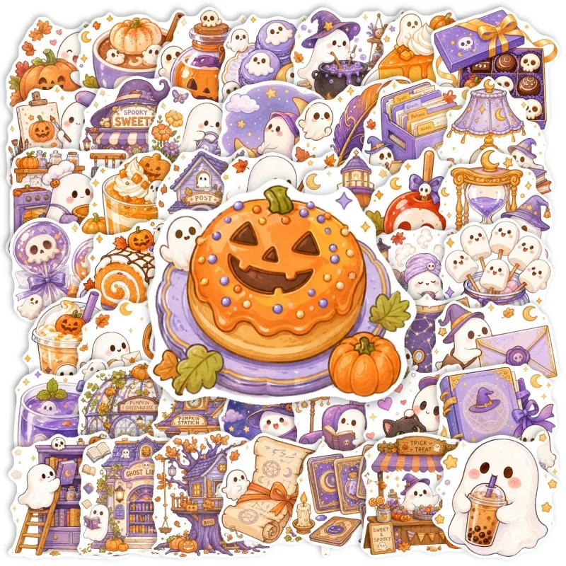 50pcs Healing Pastel Halloween Cute Little Ghost Pumpkin Dessert Graffiti Waterproof Decorative Sticker