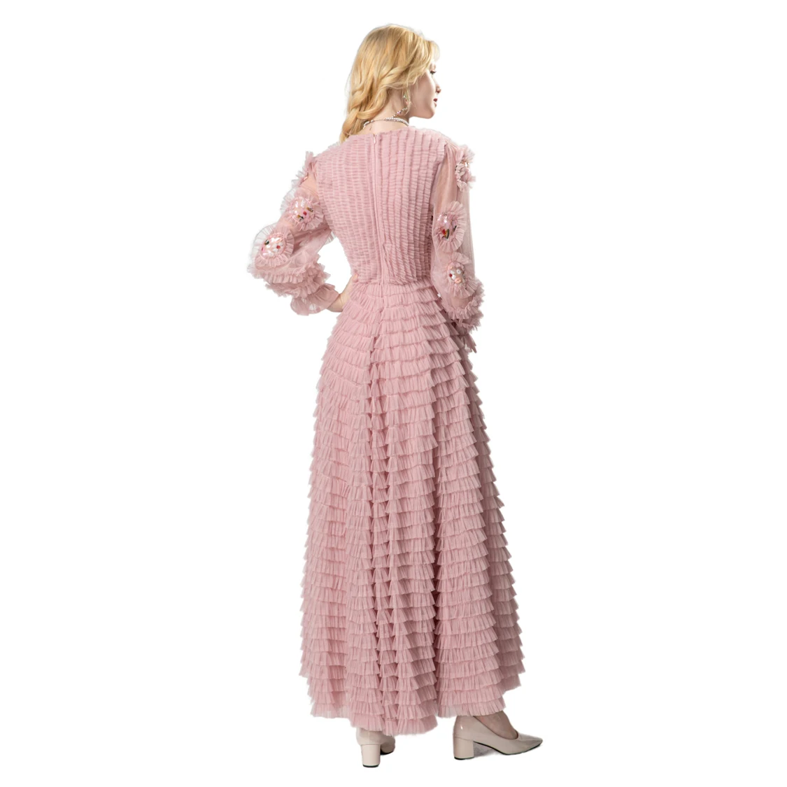 Vestido feminino sexy com decote em v mangas compridas apliques em camadas babados elegante moda festa de formatura vestidos