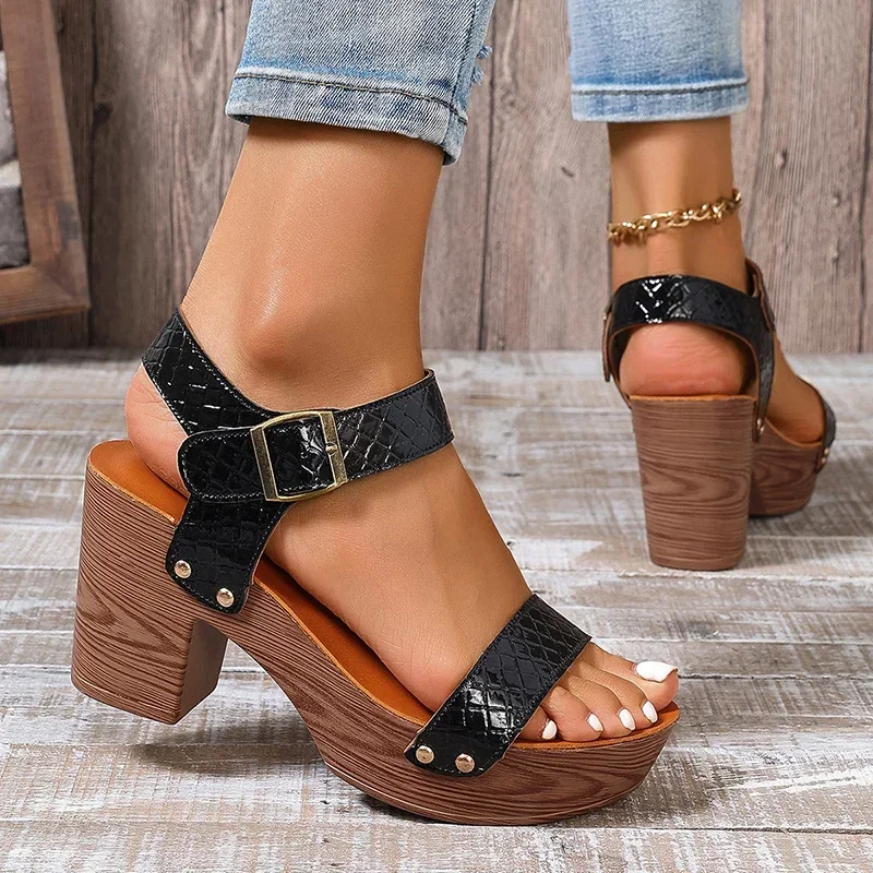Women Sandals Retro Plus Size Thick High Heels Sandals Non Slip Gladiator Shoes for Women Ankle Buckle Platform Summer Sandals