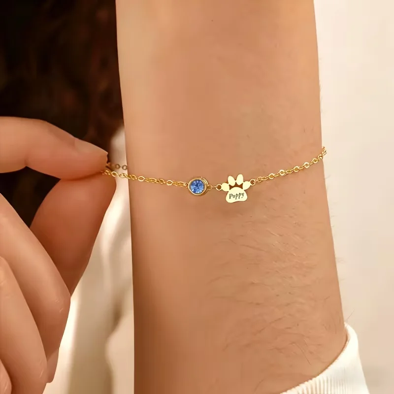 Custom Engraved Pet Paw Print Bracelet Personalized Dog Cat Name Birthstone Bracelet Stainless Steel Jewelry Gift for Pet Lovers view 2