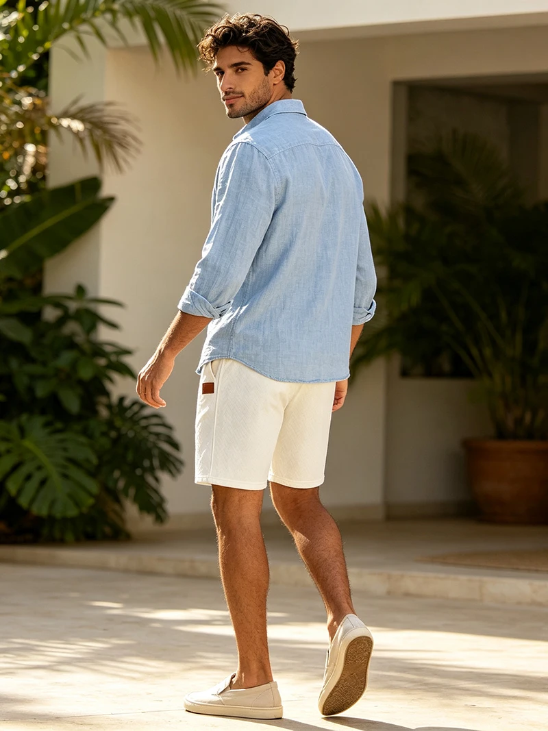 Herren Sommer-Jacquard-Shorts, Lässige Passform mit Kordelzug, Strukturiert, Leicht, für Urlaub und Alltag – Detail 12
