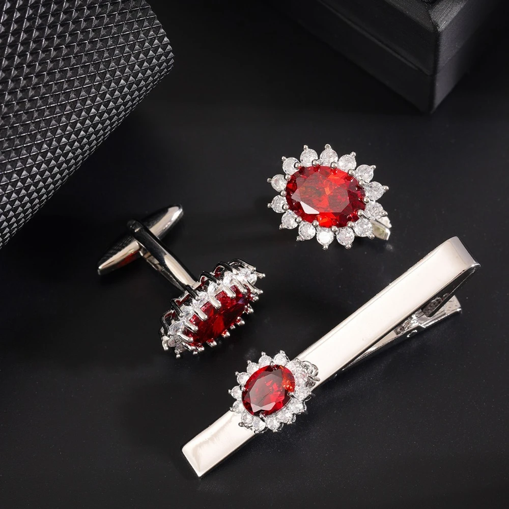 Fashionable Men's Business French Shirt Cufflink Tie Clip Set Lotus Water Diamond Affordable Luxury Cufflink Tie Clip 3PCS