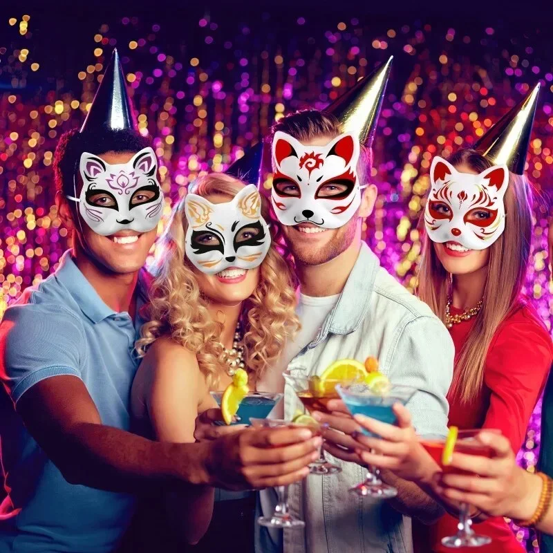 กระดาษทำหน้ากากญี่ปุ่น - หน้ากากครึ่งหน้าแมวสำหรับระบายสีเอง สำหรับงานฮาโลวีน คอสเพลย์ งานปาร์ตี้แฟนซี แต่งกายสัตว์ ของตกแต่งงานฝีมือ หน้ากากเปล่า