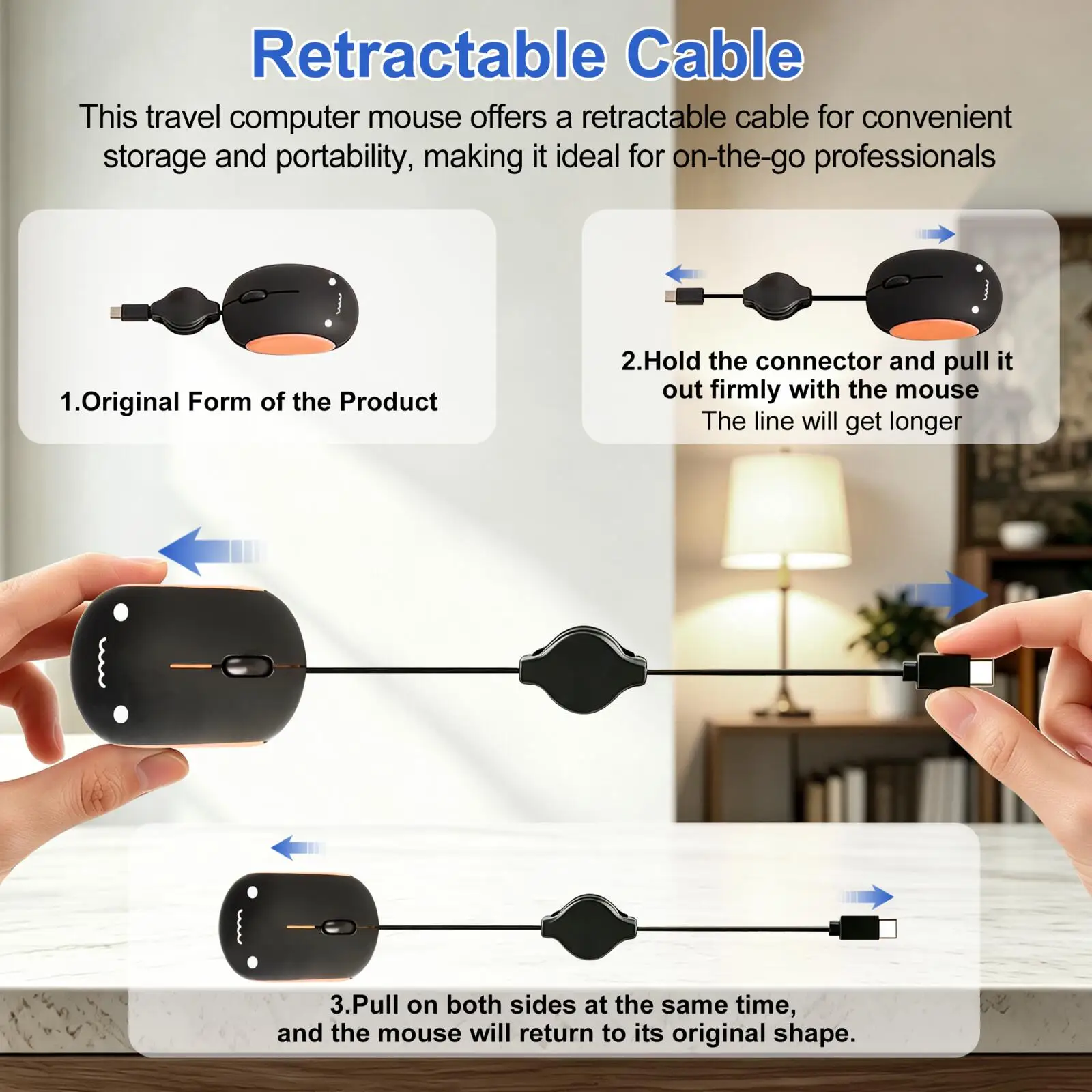 Type‑C Retractable Cable Wired Silent Mouse Ergonomic Cute Cartoon Portable Travel Mouse For Windows Mac OS Laptop Tablet PC
